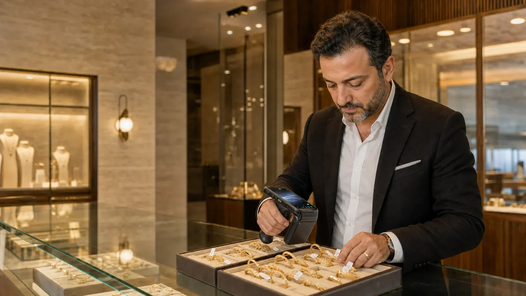 Kuyumcu mağazasında RFID okuyucuyla ürün sayımı yapan kuyumcu